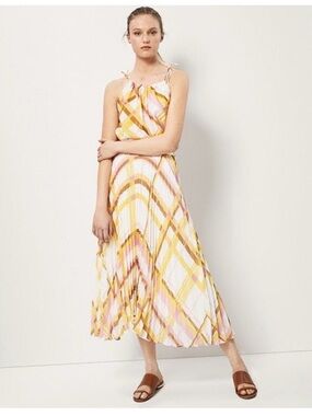 Pleated Yellow & Pink Plaid Midi Skirt with Matching Top